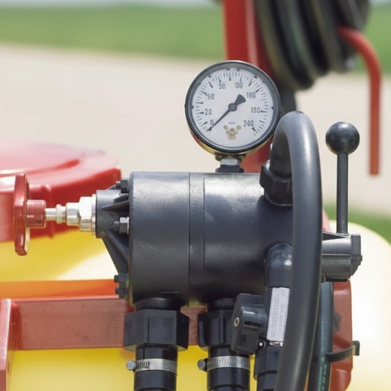 Close-up of a pressure gauge on a mechanical device with a blurred background
