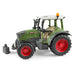 Toy model Fendt tractor with green body, red wheels, and grey accents on a white background