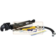 A hydraulic tractor Top Link hitch kit with a black metal hitch assembly, black hydraulic hoses, yellow and blue mounting hardware, and small metal fittings, displayed on a white background with a faint Farm Supply watermark.