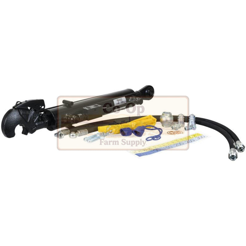 A hydraulic tractor Top Link hitch kit with a black metal hitch assembly, black hydraulic hoses, yellow and blue mounting hardware, and small metal fittings, displayed on a white background with a faint Farm Supply watermark.