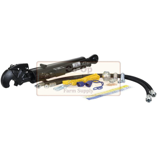 A hydraulic tractor Top Link hitch kit with a black metal hitch assembly, black hydraulic hoses, yellow and blue mounting hardware, and small metal fittings, displayed on a white background with a faint Farm Supply watermark.