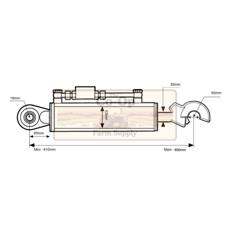 Technical dimension diagram of a cylindrical mechanical component with mounting holes and measurement labels, shown on a white background with a faint Farm Supply watermark.