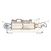 Technical dimension drawing of a cylindrical farm implement or attachment with roller and hook ends, showing measurements such as 3/4", 1 1/3 8", 2", 2 9/16", and min/max dimensions on a white background.