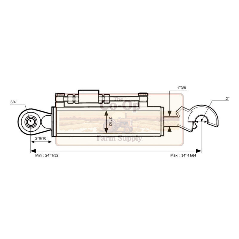 Technical dimension drawing of a cylindrical farm implement or attachment with roller and hook ends, showing measurements such as 3/4", 1 1/3 8", 2", 2 9/16", and min/max dimensions on a white background.