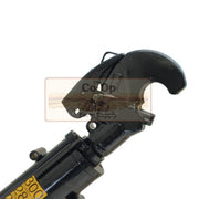 A close-up of a black hydraulic line clamp with a curved jaw, featuring a yellow label on the cylinder and a semi-transparent watermark overlay.