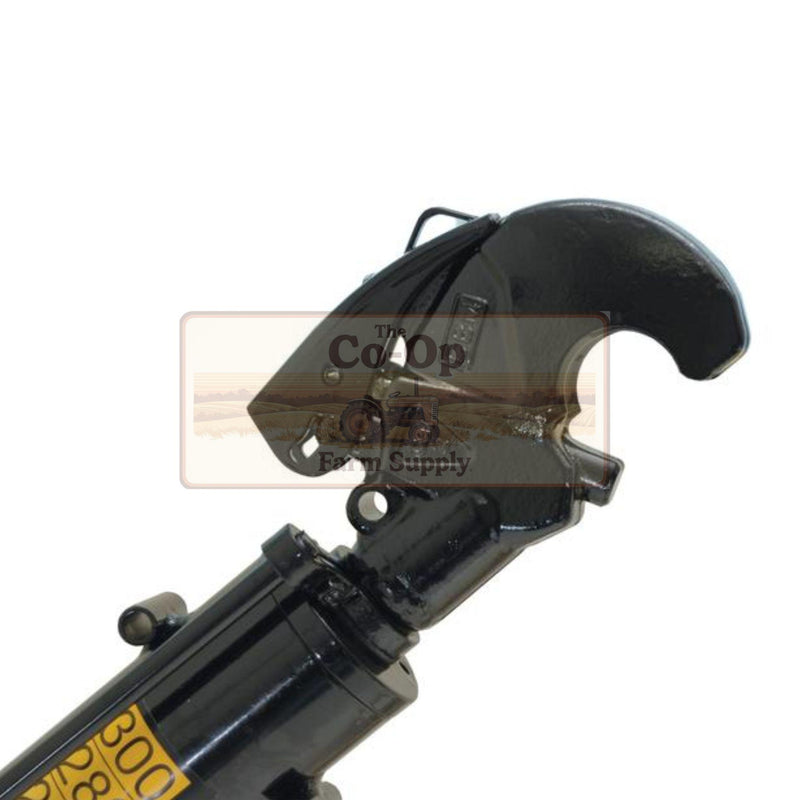 A close-up of a black hydraulic line clamp with a curved jaw, featuring a yellow label on the cylinder and a semi-transparent watermark overlay.