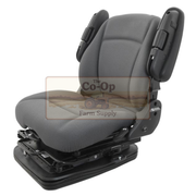 Gray tractor seat with black base on a white background, featuring The Co-Op Farm Supply logo.