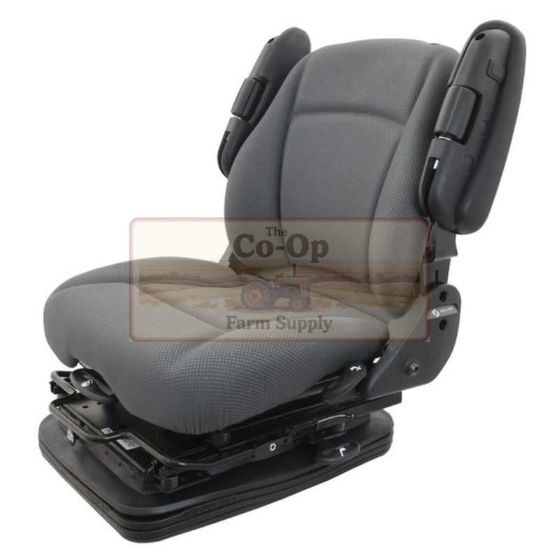 Gray tractor seat with black base on a white background, featuring The Co-Op Farm Supply logo.
