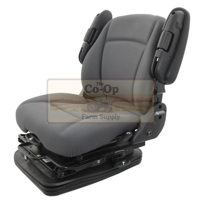 Gray tractor seat with black base on a white background, featuring The Co-Op Farm Supply logo.