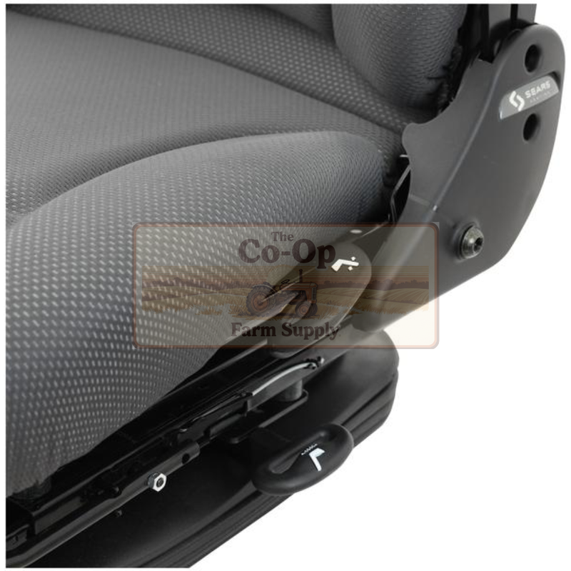 Gray car seat with a visible brand logo on a white background