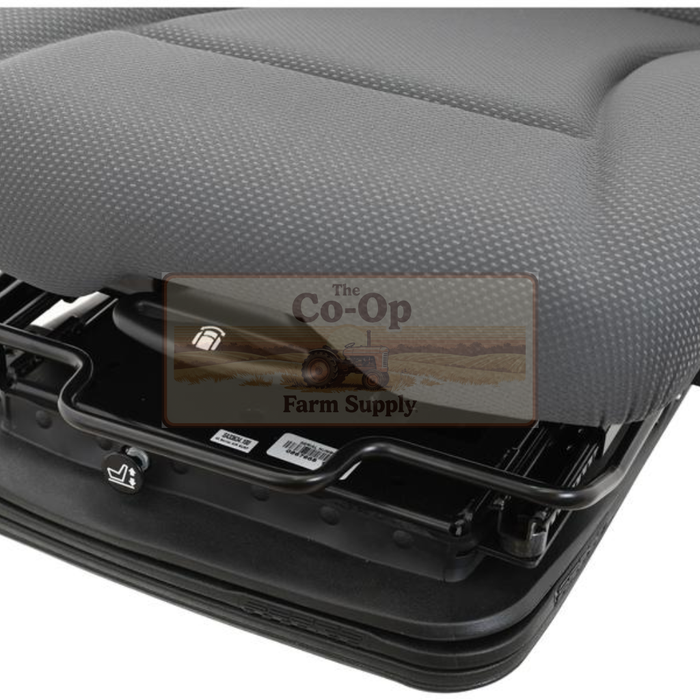 Gray textured suitcase with a clear window displaying 'The Co-Op Farm Supply' logo.