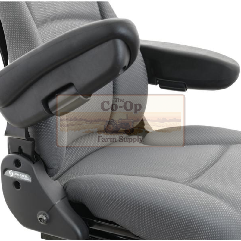 Gray tractor seat with black straps on a white background, featuring The Co-op Farm Supply logo.