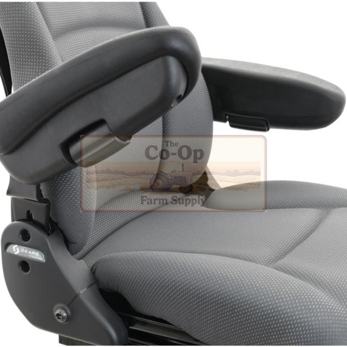Gray tractor seat with black straps on a white background, featuring The Co-op Farm Supply logo.