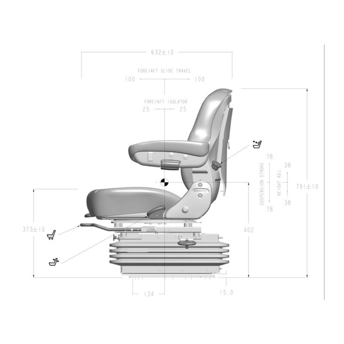Technical drawing of a vehicle seat with dimensions on a white background