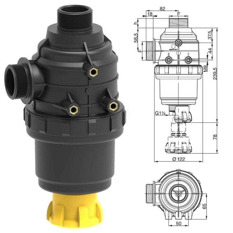 Suction Filter w/ stop valve, 1-1/4" ports & 38mm long inlet thread