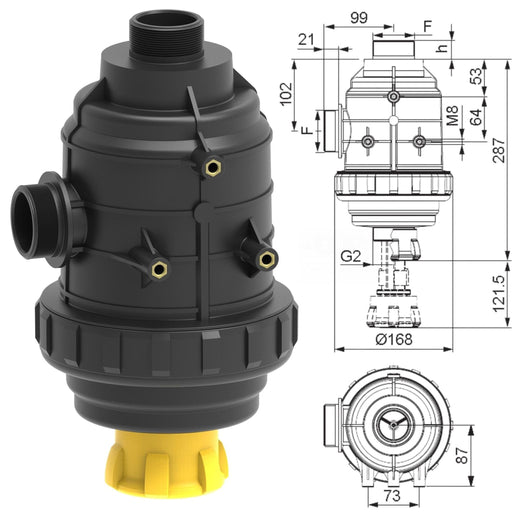 Suction Filter w/ stop valve, 2" Ports & 27mm long inlet