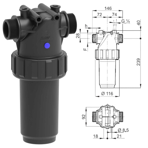 Image of ARAG 326 series inline pressure filter assembley with dimensions