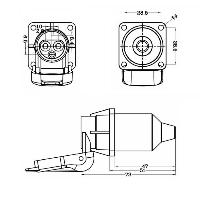 3 Pin Auxilary Socket with 4 Bolt Mounting - Male Pins - THE CO-OP